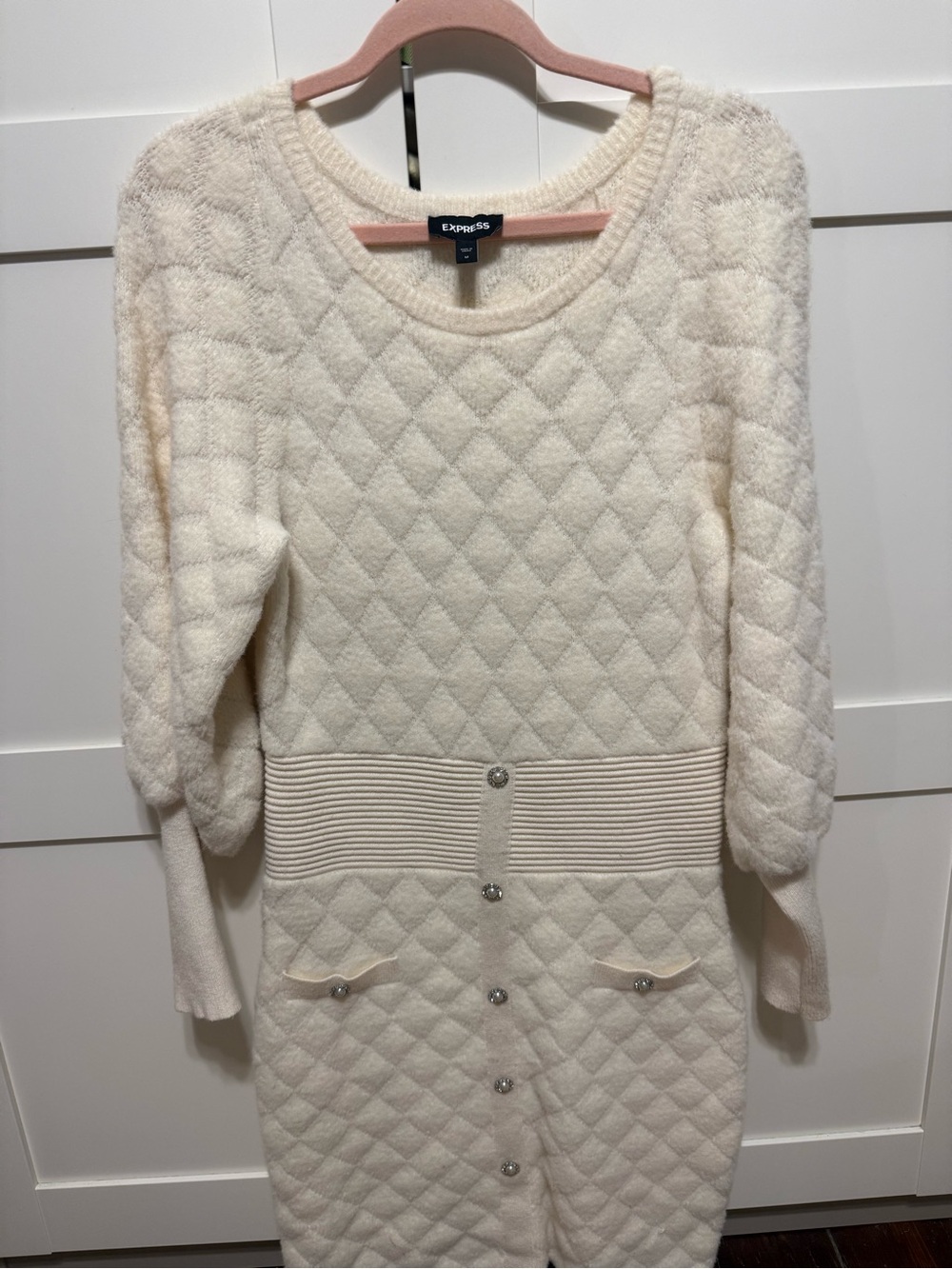 Express Ivory Quilted Button-Front Long Sleeve Sweater Dress